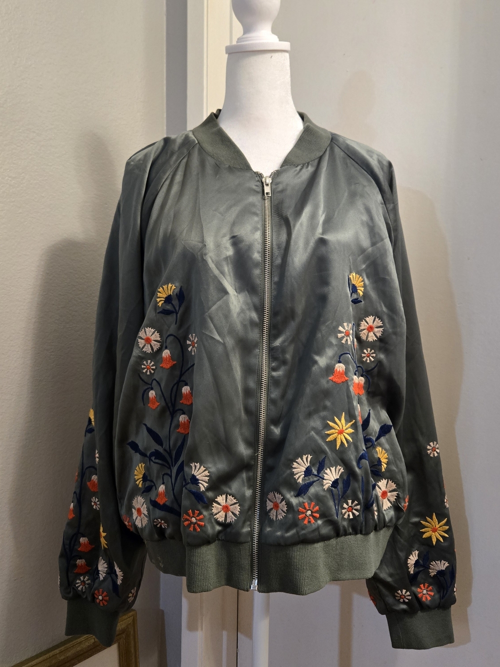 Xhilaration Flower Embroidered Olive Green Double Bomber Jacket - Women Size XXL